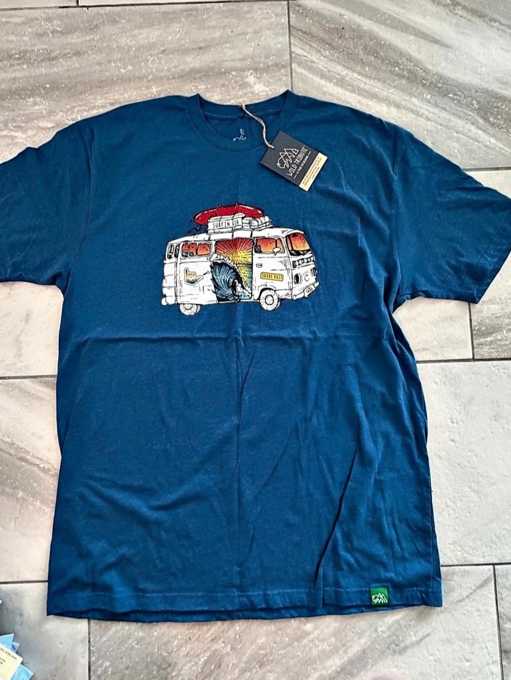 Wild Tribute Surfin USA Van Graphic Short Sleeve Tee in Blue NWT